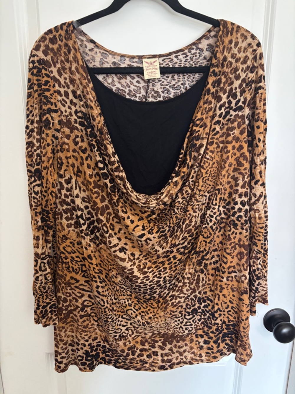 Faded Glory Leopard Print Drape Neck Long Sleeve Top